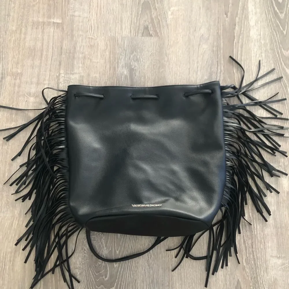 Victoria's‎ Secret Drawstring Fringe Backpack Bag Large Black Purse READ